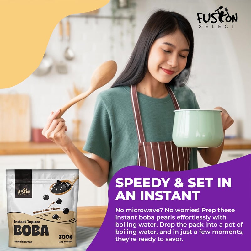 Fusion Select Instant Boba - No-Cook Instant Tapioca Pearls for Bubble Tea Drinks, Hot or Cold Sweet Milk Beverage - Microwave or Heat With Boiling Water - Real Brown Sugar Flavored Balls (6) - Image 4